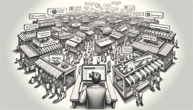 A bustling online marketplace, where each stall represents a different digital channel