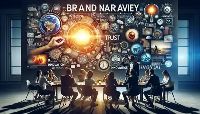 A creative brainstorming session with a team crafting a brand story