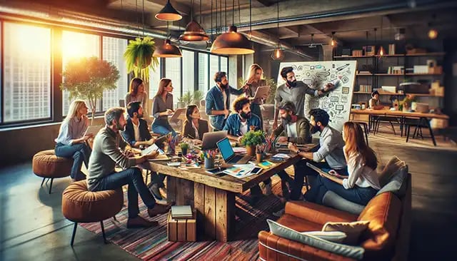 A creative business team collaboratively working together in a casual office environment