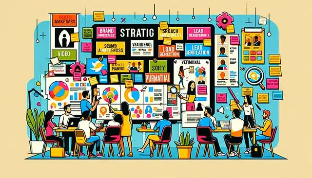 A creative team in a brainstorming session focused on crafting a video marketing strategy