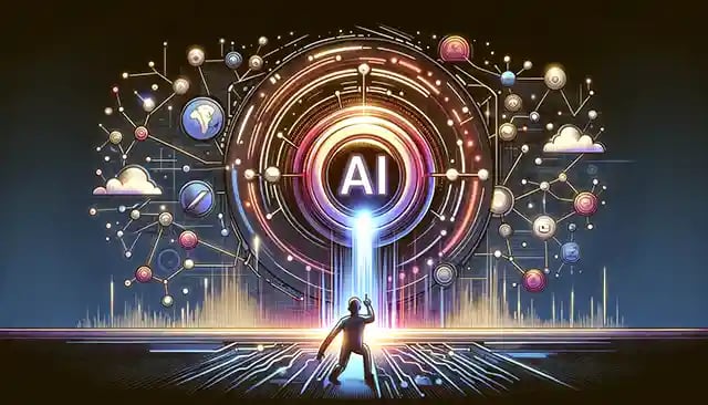 A human figure pressing a large, glowing AI button