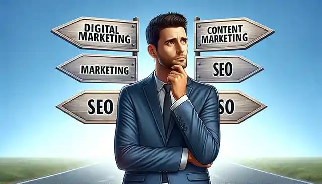 A marketing manager at a crossroads, with signposts indicating different marketing strategies