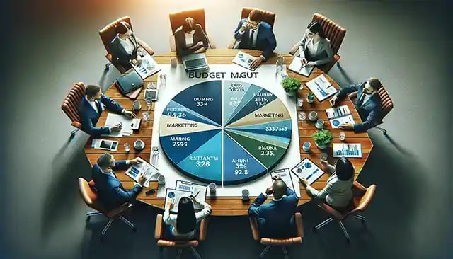 A pie chart representing budget allocation with different marketing areas labeled