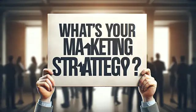 A sign with the text Whats Your Online Marketing Strategy prominently display