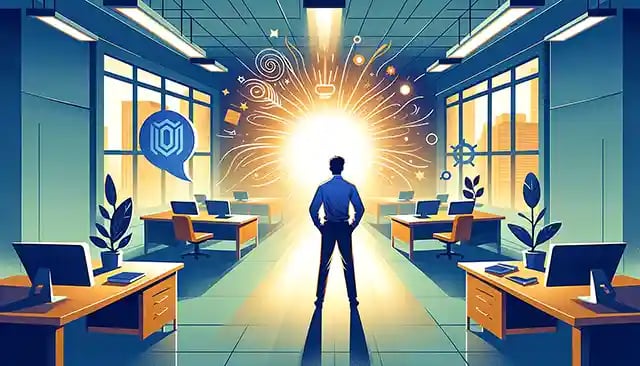 An empty office space with a single person standing in the middle