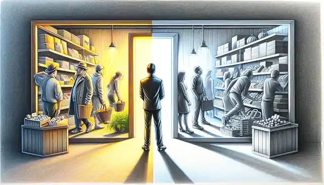 Confused shopkeeper stands in a dimly lit store, surrounded by shadows