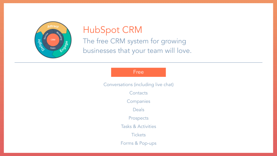 HubSpot CRM Overview free CRM system, displaying tools and features included. conversations plus live chat, contacts, companies, deals, prospects, tasks and activities, tickets, forms and pop-ups