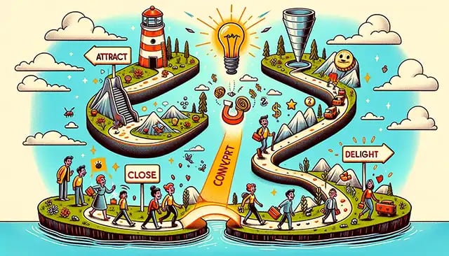 Inbound marketing, showcasing the four key stages Attract, Convert, Close, and Delight