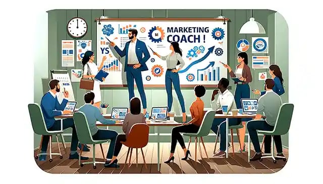 Marketing coach in a vibrant office environment, guiding a diverse team of marketers