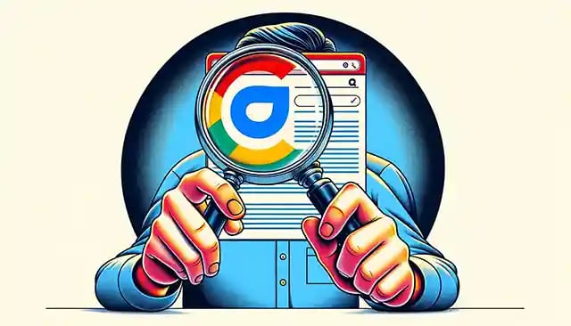 Person using a magnifying glass to closely examine a web page