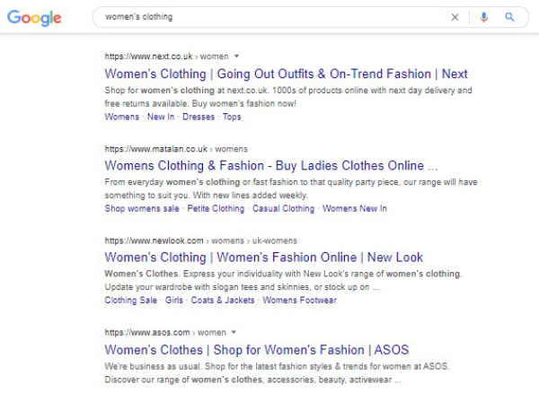 Google search  for women's clothing using ecommerce SEO example