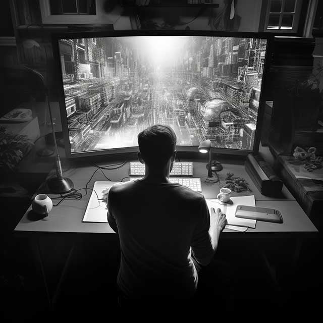 User at a glowing computer desk AI holograms projector