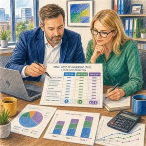 UK business owner reviewing total cost of ownership for HubSpot versus Salesforce