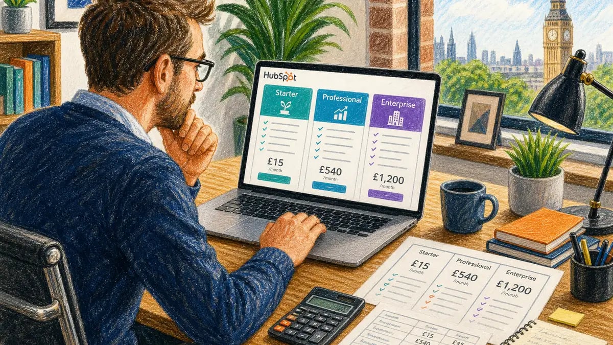 UK business owner comparing HubSpot subscription pricing tiers in pounds sterling