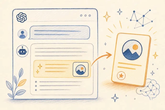 Hand-drawn illustration of an AI assistant citing and recommending a brand in its answer