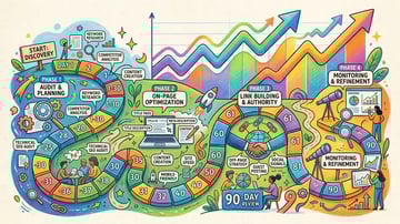 90-day SEO audit implementation roadmap showing milestone phases from discovery through monitoring with upward trending organic traffic graph