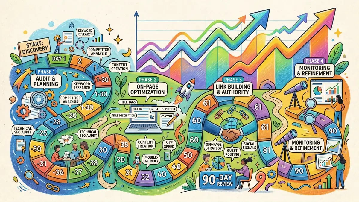 90-day SEO audit implementation roadmap showing milestone phases from discovery through monitoring with upward trending organic traffic graph