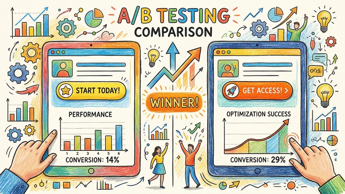 A/B testing comparison showing two different call-to-action button designs side by side with conversion rate percentages and bar charts, illustrating data-driven CTA optimisation