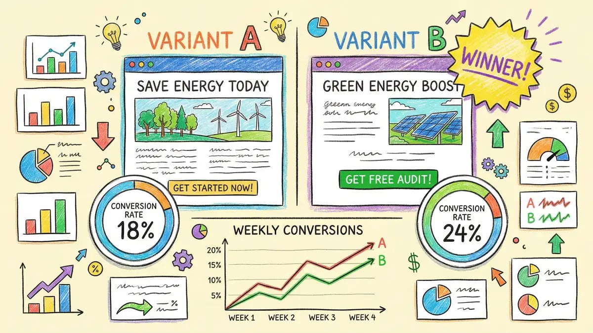 A/B testing dashboard showing variant performance, conversion rates, and statistical significance over time