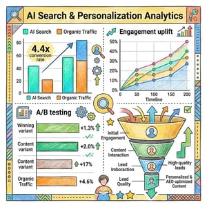 Dashboard showing dual-channel metrics: AI search traffic conversion and personalisation segment performance side by side