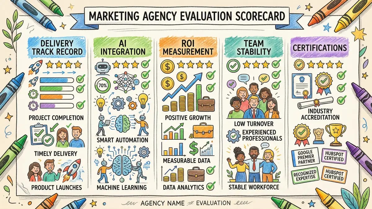2026 marketing agency evaluation scorecard framework showing five assessment dimensions with weighted scoring