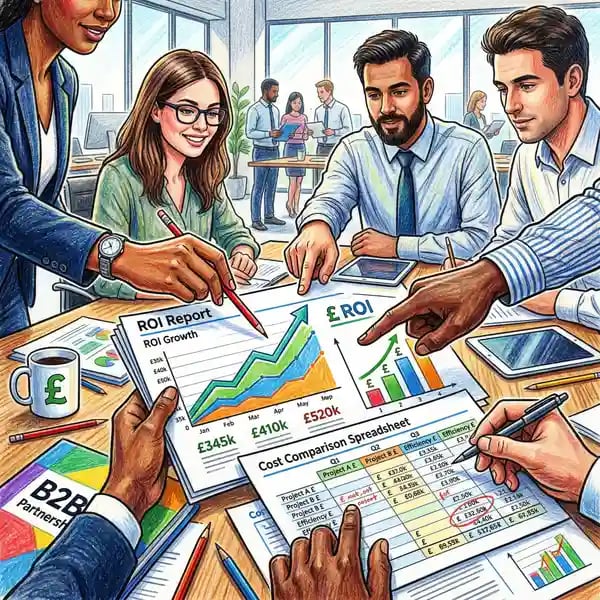 Business team reviewing agency ROI comparison reports with upward trend charts