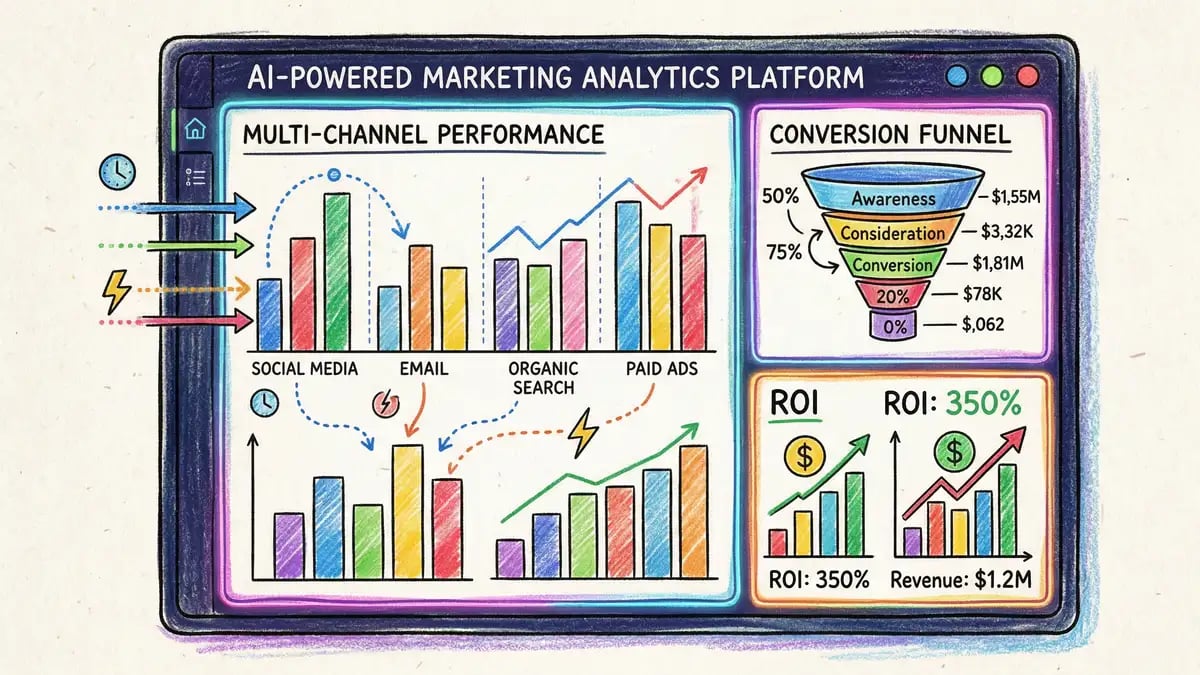 AI analytics platform dashboard showing multi-channel marketing performance with conversion funnels