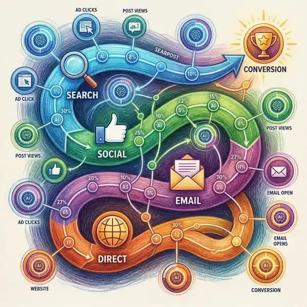 Multi-touch attribution model showing customer journey touchpoints across marketing channels