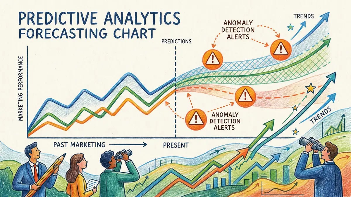 Predictive analytics forecasting chart with AI-generated performance predictions and anomaly alerts
