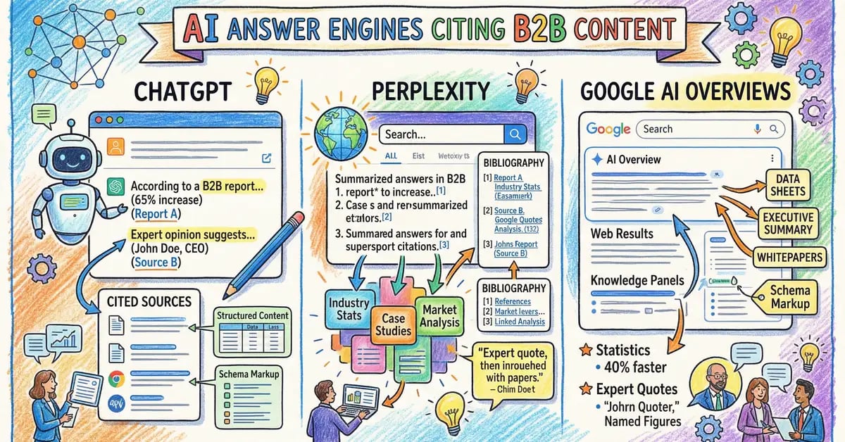 AI answer engines citing structured B2B content with schema markup and expert sources