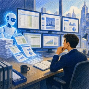 Junior investment banking analyst desk with AI automating financial models and pitch books