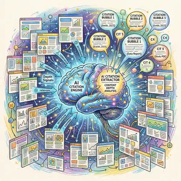 AI search engine analysing interconnected web pages and extracting citations from well-structured topic cluster content
