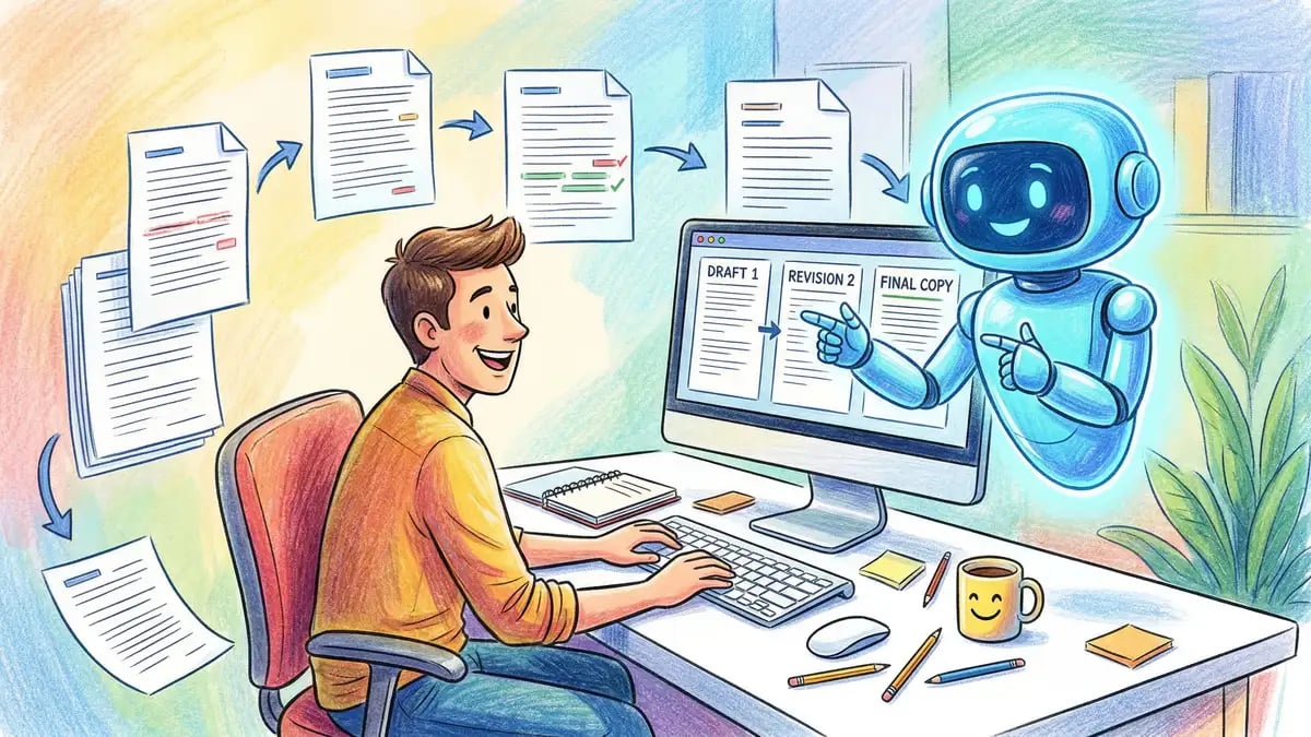 Writer at desk with AI assistant helping draft and edit marketing content with multiple document versions