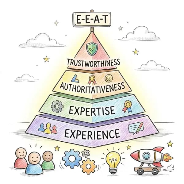 Google E-E-A-T quality framework as a trust pyramid with experience, expertise, authoritativeness and trustworthiness