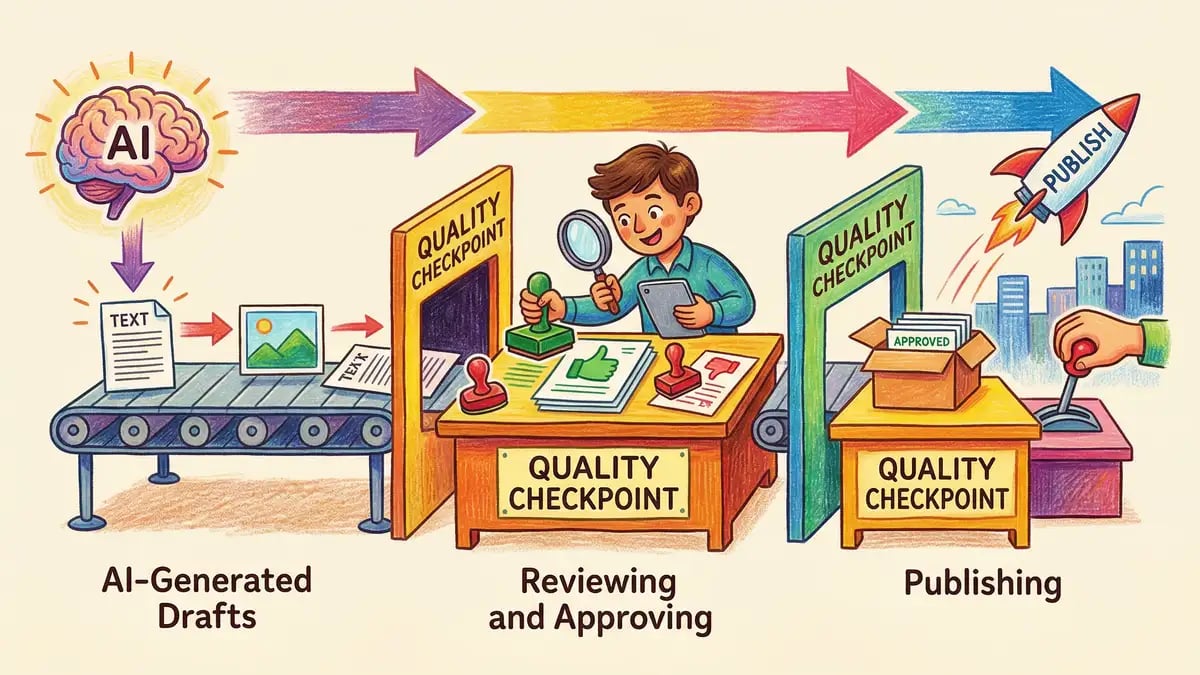Content production workflow with human editor reviewing AI-generated drafts at quality checkpoints