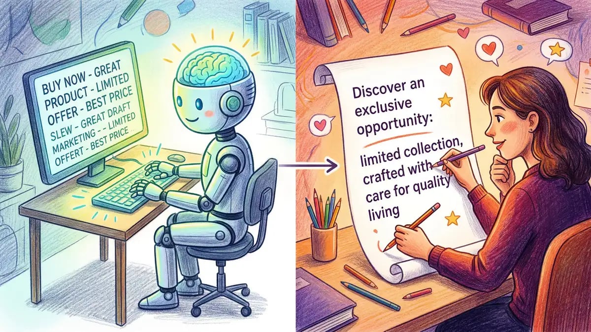Split-screen showing AI-generated copy alongside human-refined version highlighting collaboration