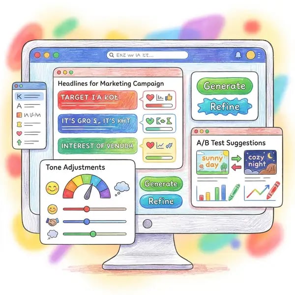 AI copywriting tools showing headline variations, tone adjustments and A/B test suggestions