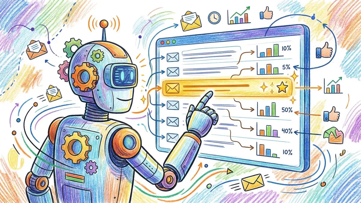 AI optimising email subject lines with multiple variations being tested and predicted open rates