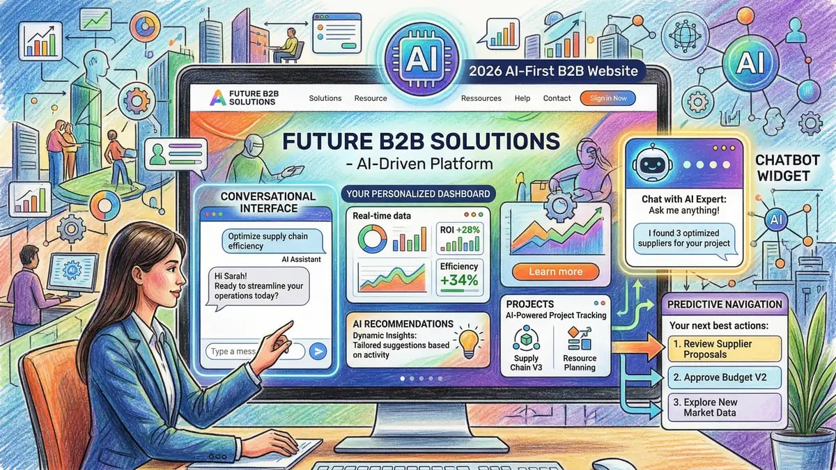 AI-first website design trends for 2026 showing conversational interfaces, personalised content blocks, and chatbot widgets