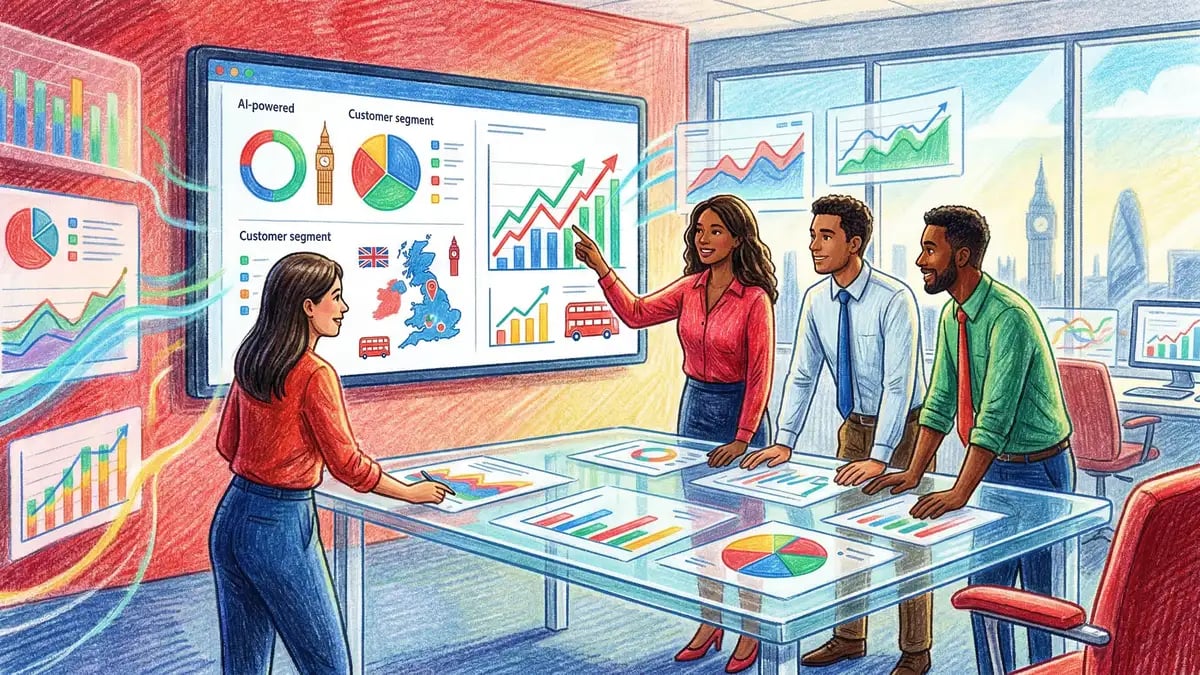 UK marketing team analysing AI-powered campaign performance dashboard with data visualisations