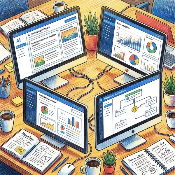 Collection of AI marketing tools and software interfaces for content generation, analytics and automation