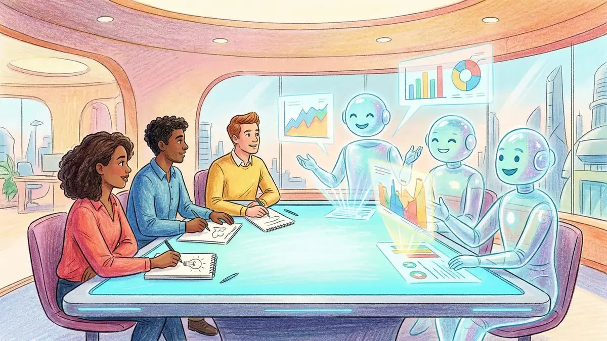 Marketing strategy planning session balancing human creativity with AI intelligence