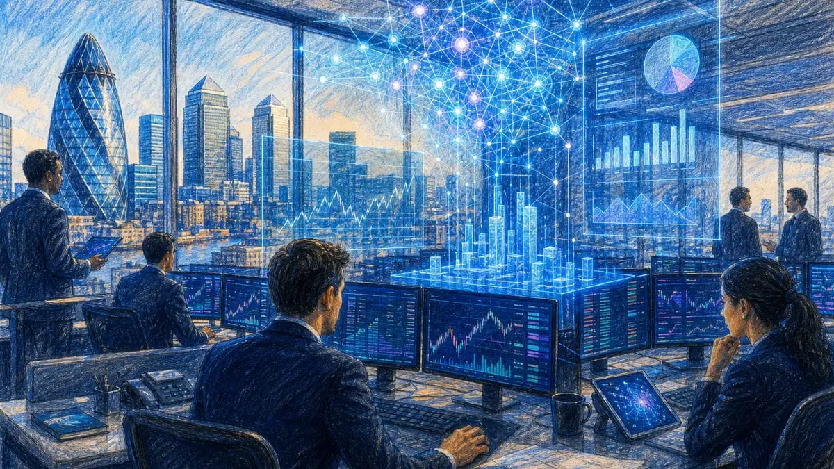 AI in investment banking 2026 — trading floor overlooking the London financial district with AI analytics
