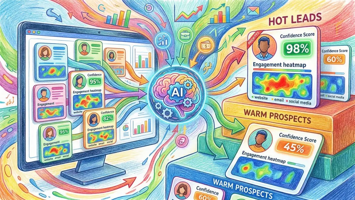 AI lead scoring system ranking prospect profiles with confidence scores and engagement heat maps