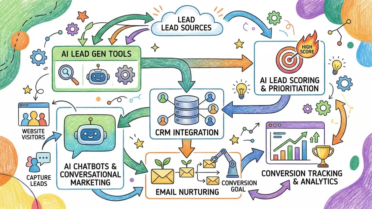 Marketing technology stack showing interconnected AI tools for lead generation and CRM integration