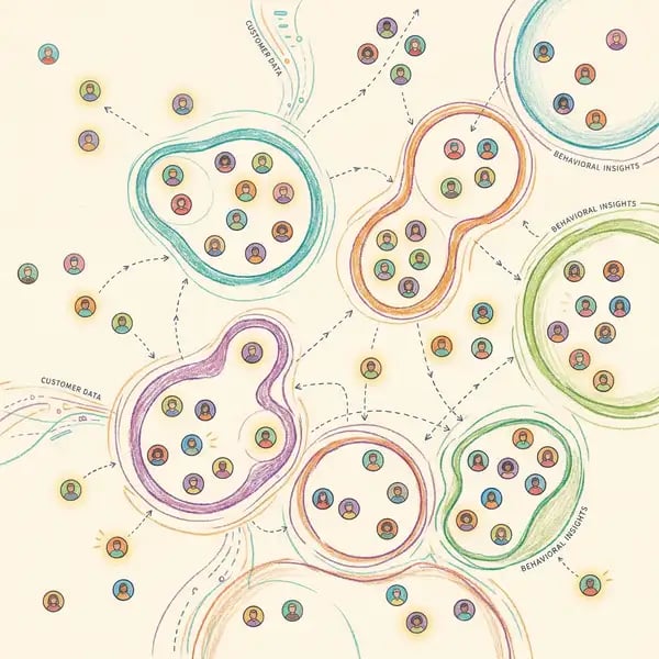 AI-powered customer segmentation showing dynamic audience clusters refined in real-time
