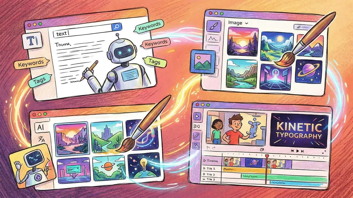 AI content creation tools showing text generation, image creation and video editing interfaces