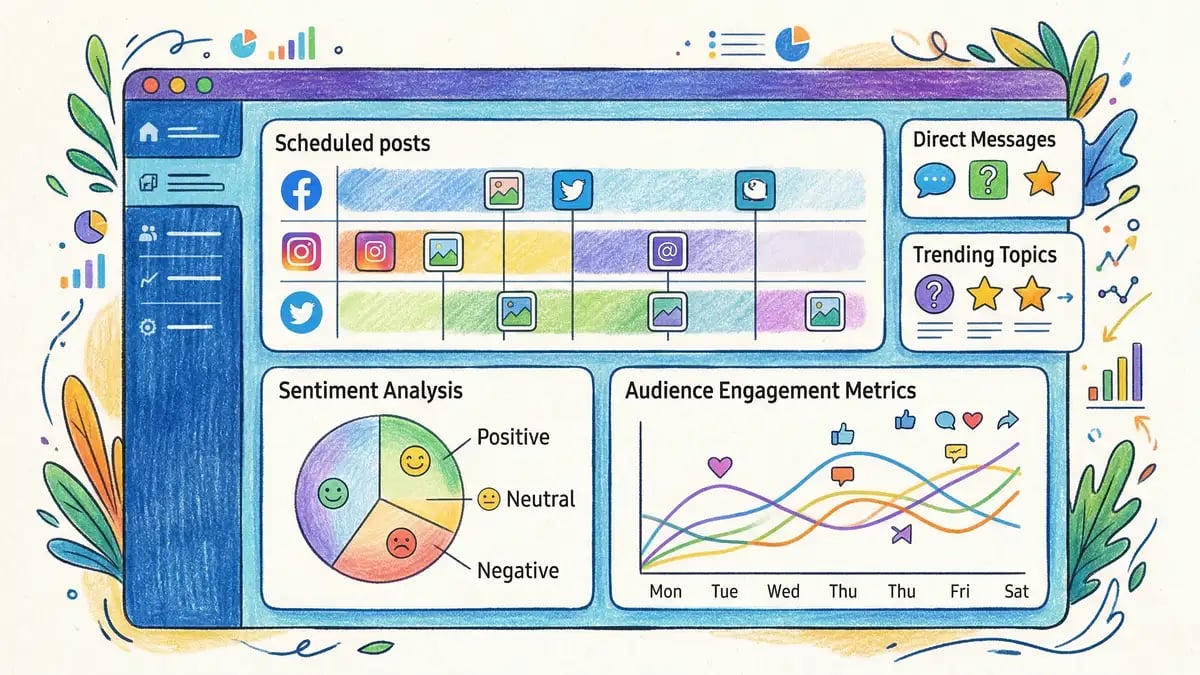 AI social media management dashboard with scheduled posts, sentiment analysis and engagement metrics