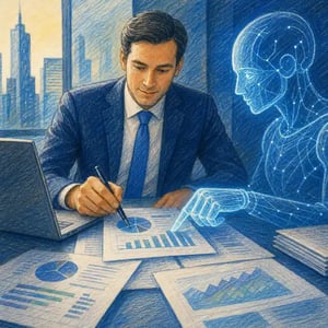 Investment banker and AI collaborating on M&A deal documents — partnership not replacement