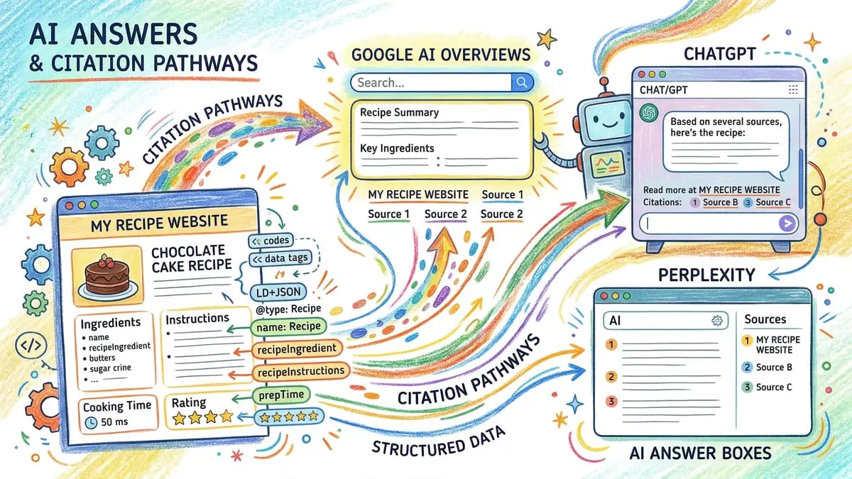 AI search platforms showing citation pathways from website structured data and schema markup flowing into Google AI Overviews and ChatGPT answer boxes